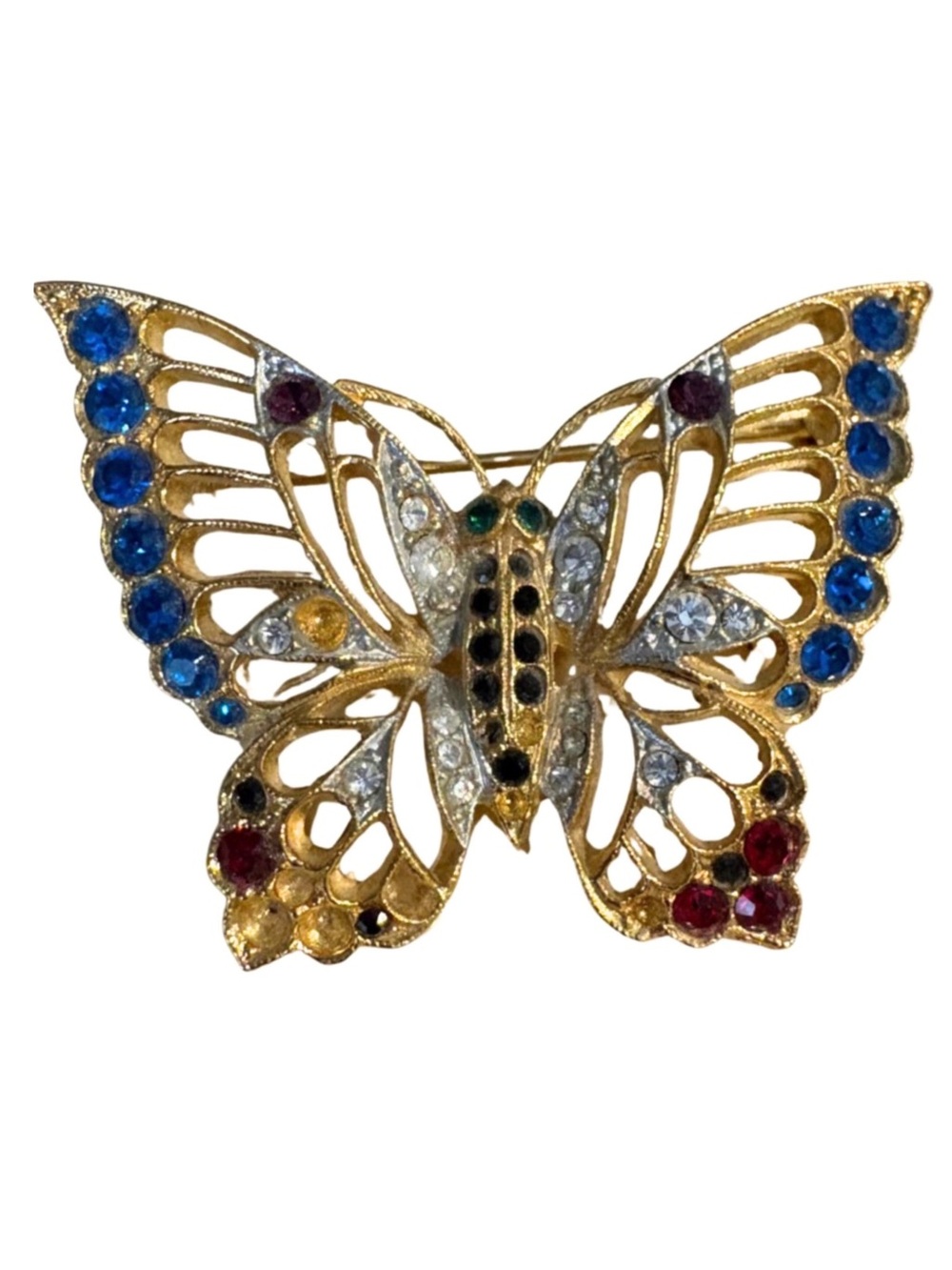 Vintage Signed Butterfly Brooch Gold Tone Multicolor Rhinestones 1960s